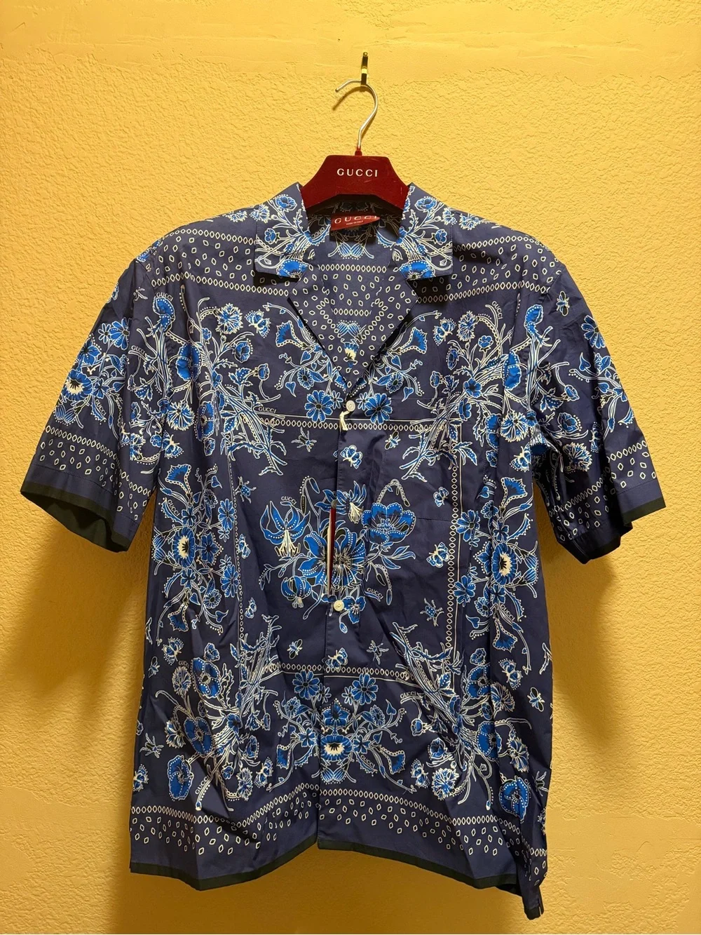 New Authentic Gucci Logo Button Up Floral Shirt Navy White Size IT 52 / US L